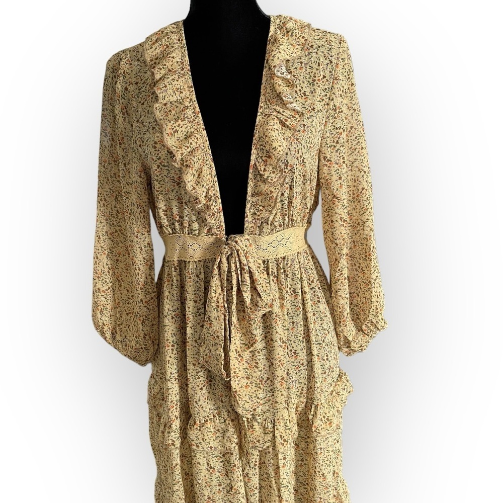 Heyson boho ditsy floral ruffle crochet open long lined kimono mustard medium - Picture 4 of 8